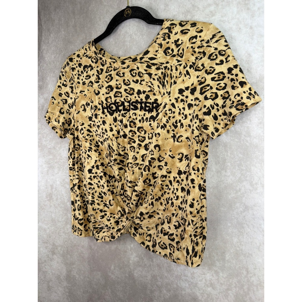 Hollister T-Shirt Women Medium Tan Leopard Print Front Twist Knot Cropped Baby T - Picture 2 of 5